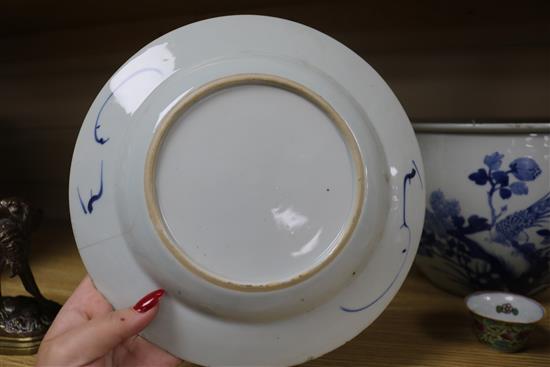 A Chinese blue and white bowl, two plates and two teabowls tallest 17.5cm